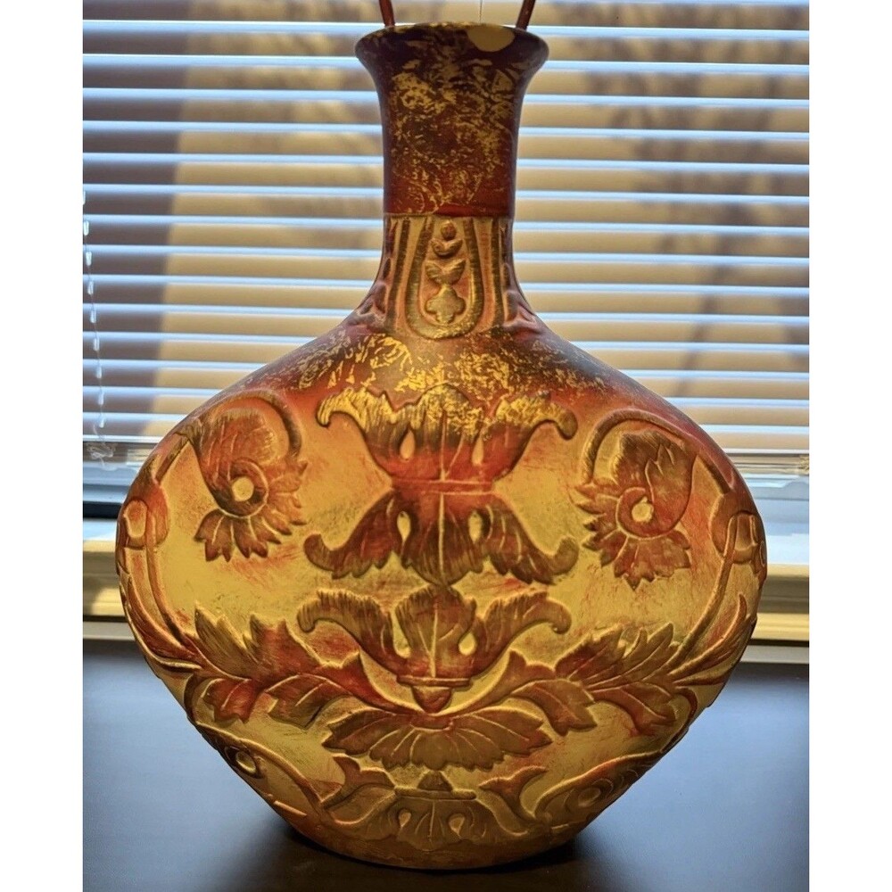 Glazed Vase Home Decore 1970 Art Pottery Handcrafted Painted Burgundy 17” H